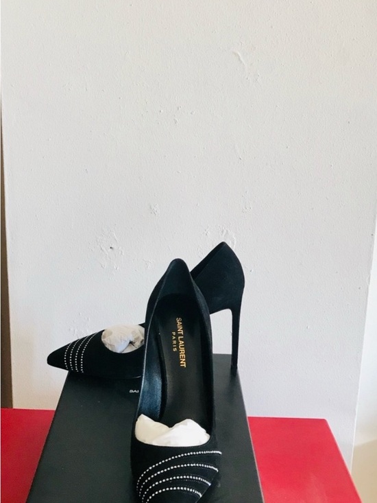 Saint Laurent Shoes - Saint Laurent Black Swede with Swarovski Detailing Women's Shoes
